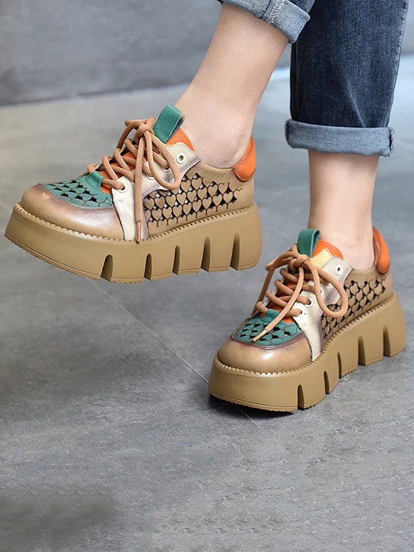 Casual Contrast Color Heart Hollow Tied Platform Shoes