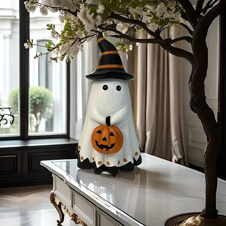 Whimsical Halloween Pumpkin Statue with Witch Hat