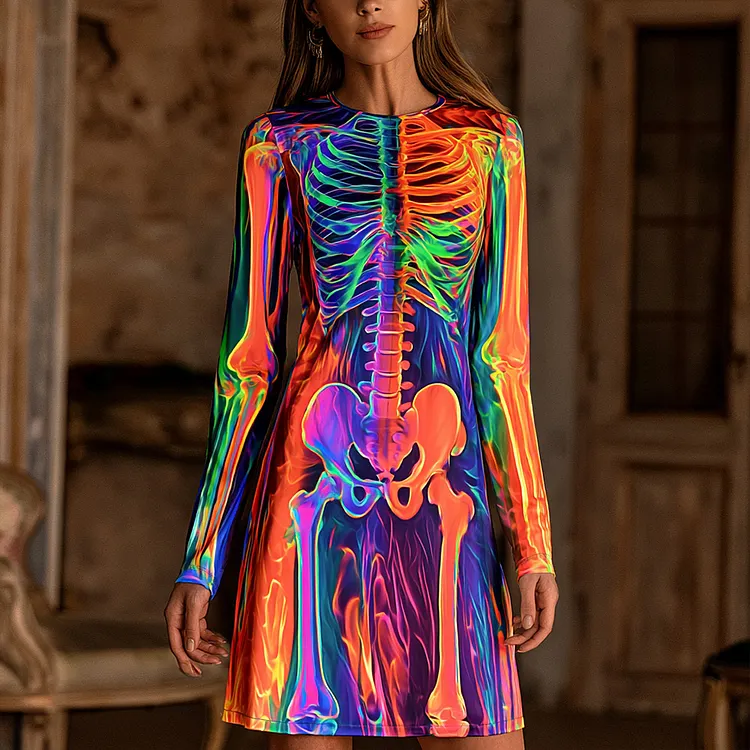 Women's Halloween Vintage Colorful Fluorescent Human Skeleton Art Crew Neck Dress