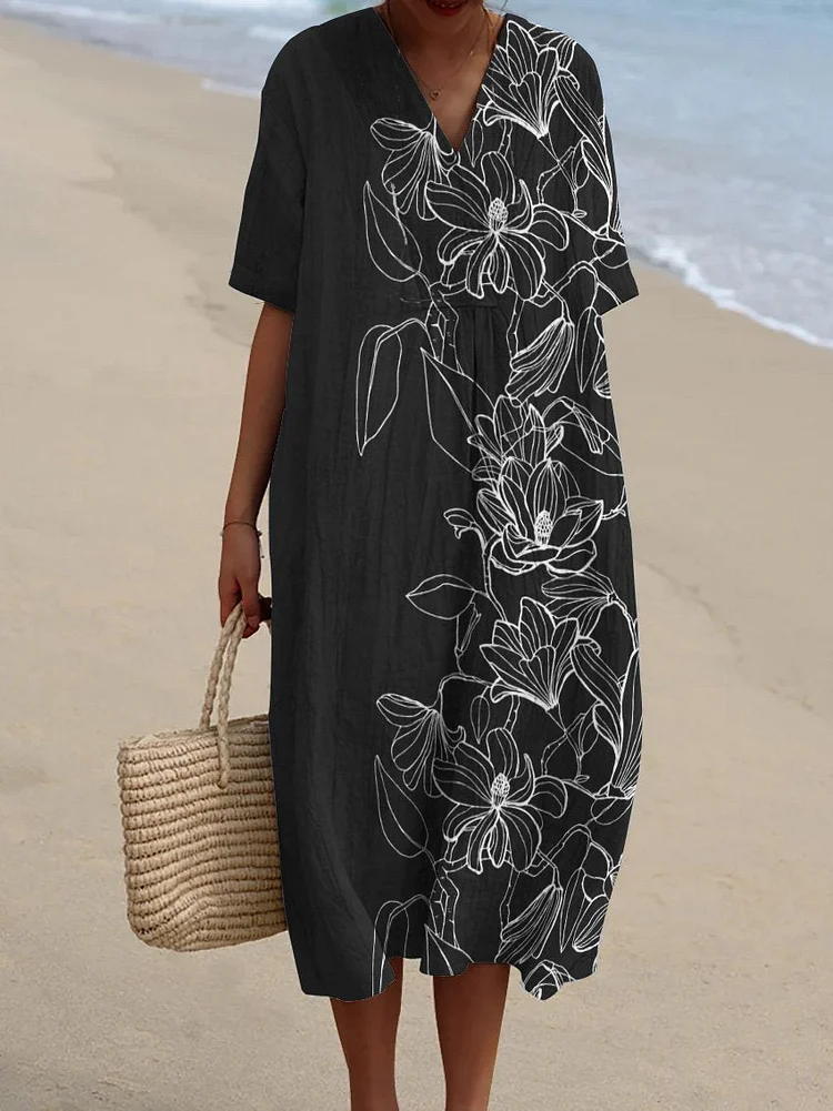 Large Floral Decorative Pattern Flowy Dress