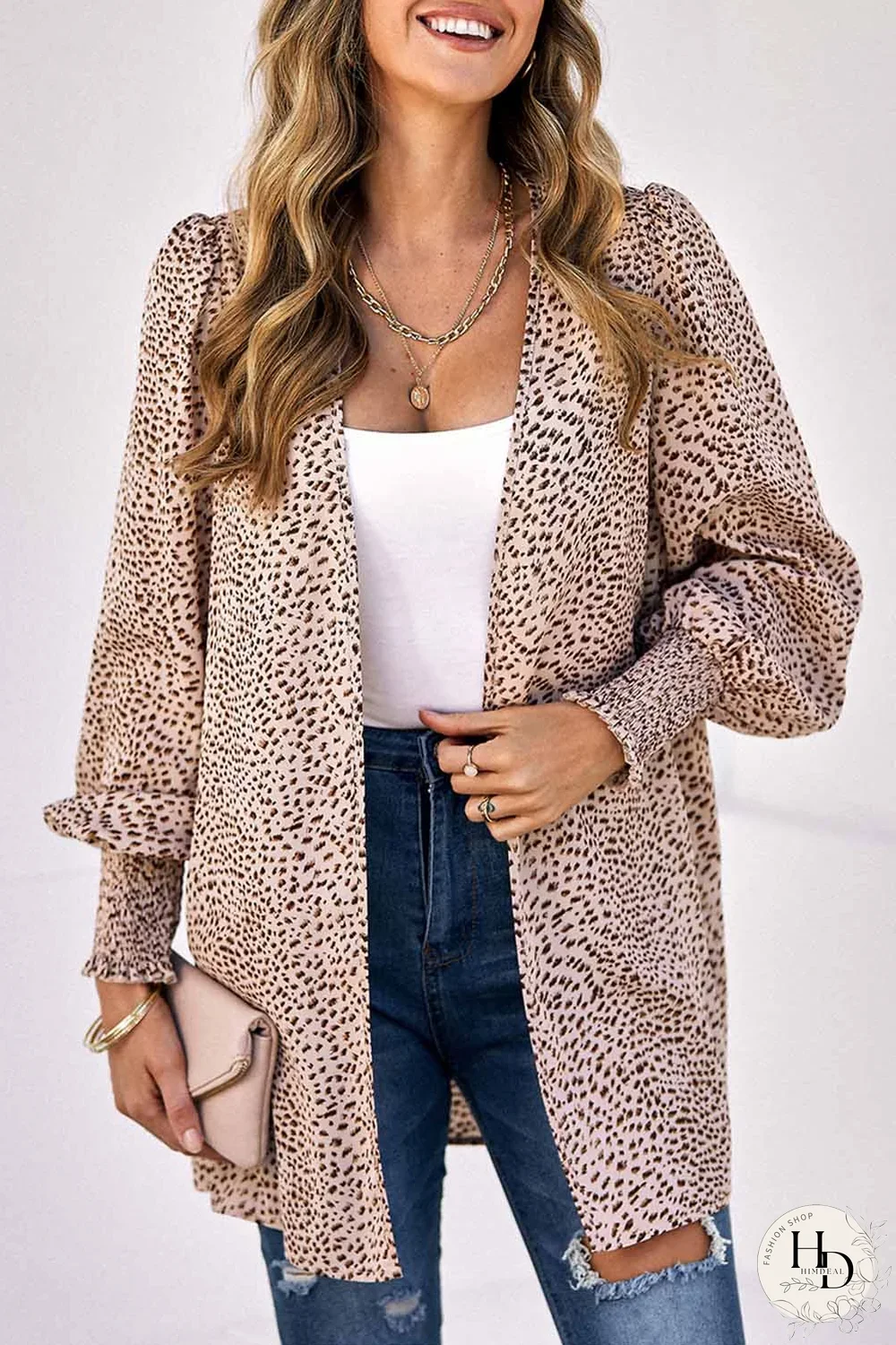 Cárdigan con frente abierto y puños fruncidos de leopardo casual albaricoque