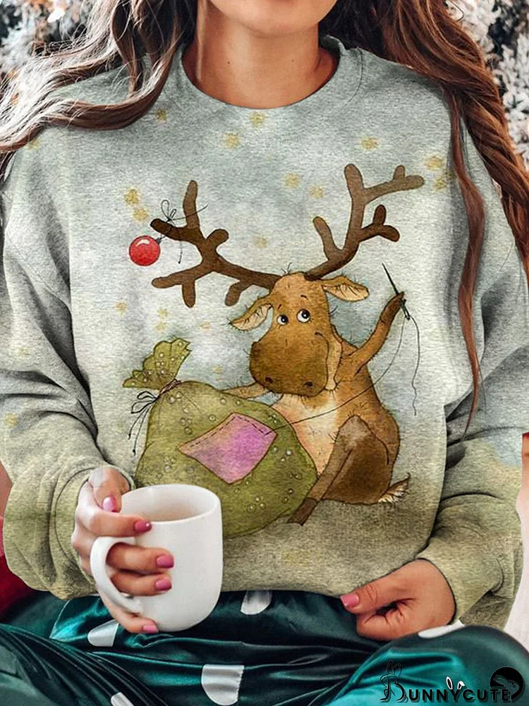 Deer Printed Long Sleeve Casual Top