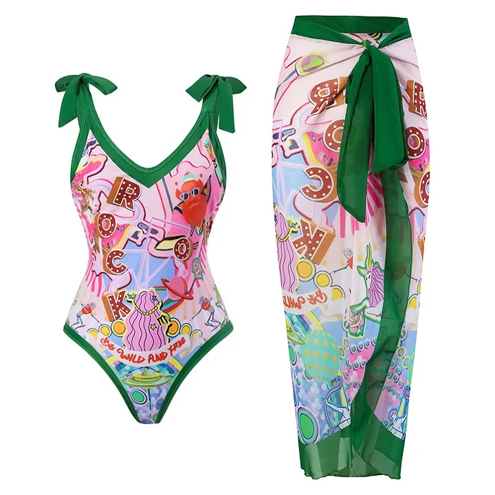 Bow-tie Printed One Piece Swimsuit and Sarong