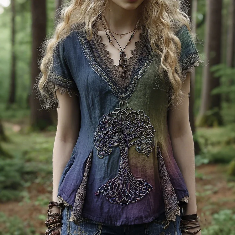 Women's Retro Viking Tree Of Life Lace Art Linen T-shirt