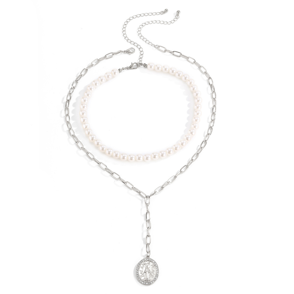 

Simple Portrait Pendant Necklace 2 Layers Pearl Female Neck Chain -Silver, 501 Original