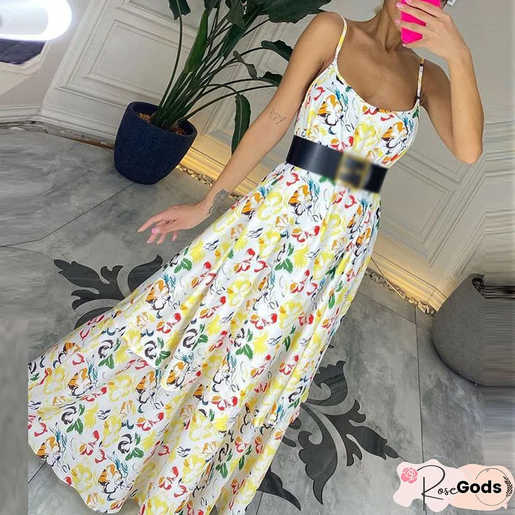 Elegant Casual Hem Spaghetti Strap Party Dress Sexy Off Shoulder Low O Neck Long Dress Summer Ruffle Floral Print Loose Dresses