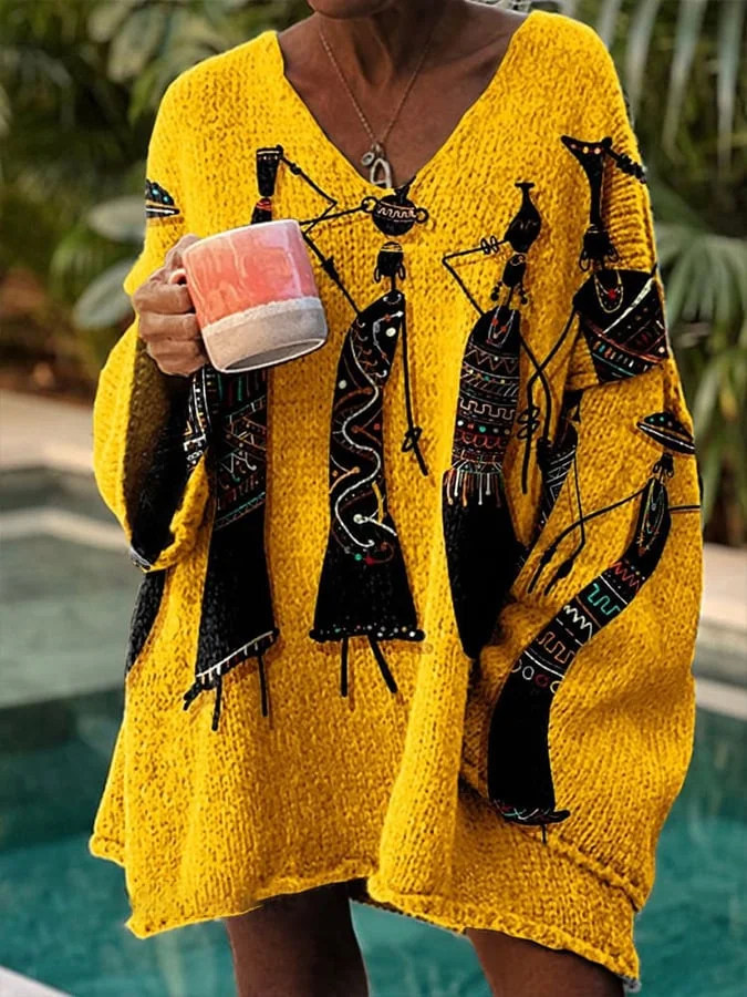 Women's Retro Black Abstract Dance Art Print Casual Knitted Sweater 
