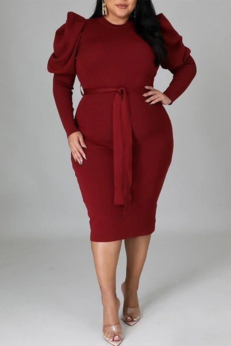 Burgundy Fashion Casual Solid With Belt O Neck Long Sleeve Plus Size Dresses | EGEMISS
