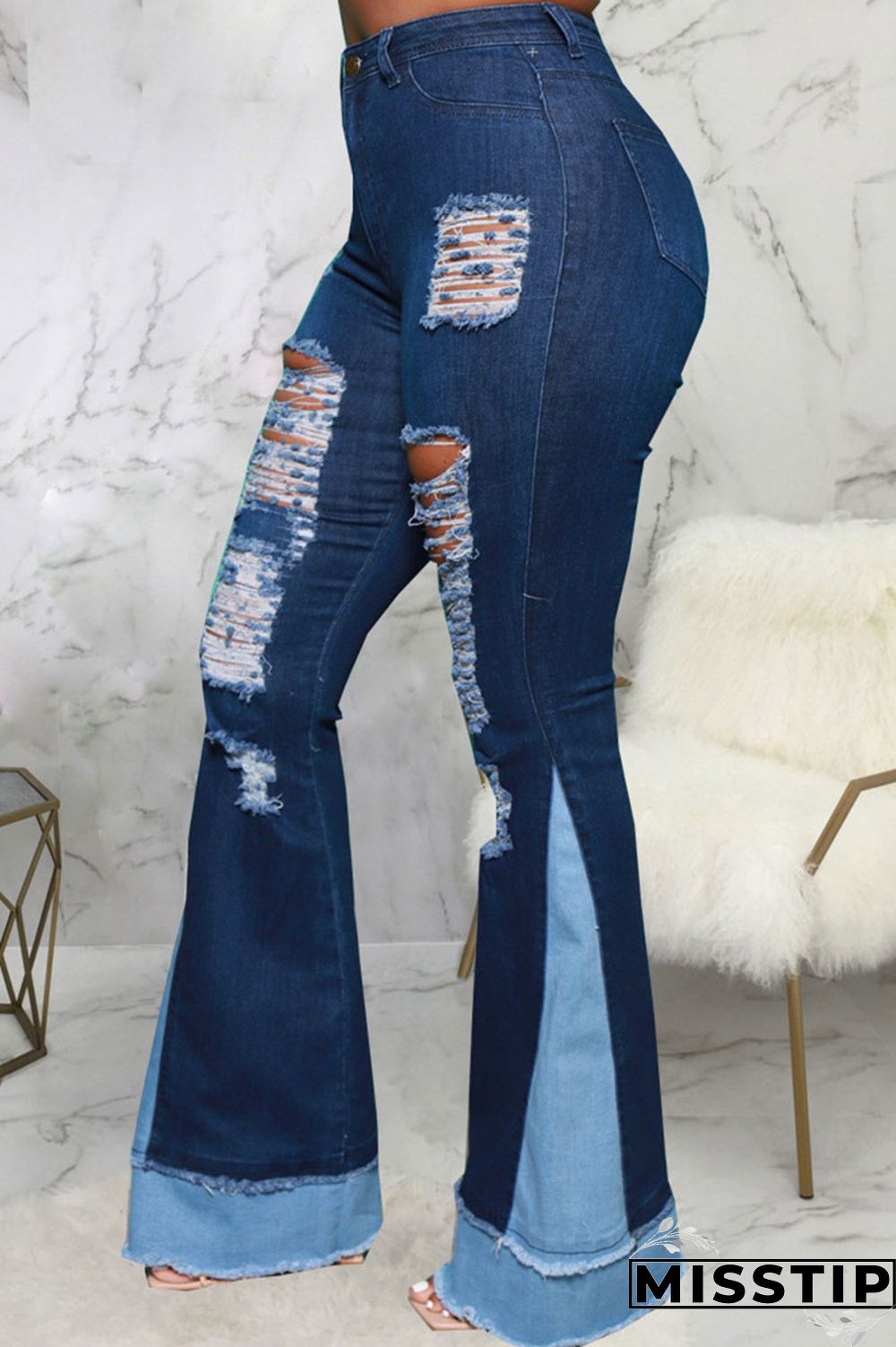 Blue Street Ripped Patchwork High Waist Denim Jeans
