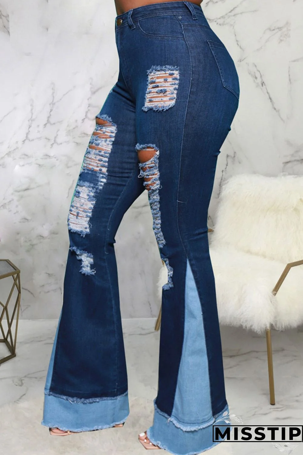 Blue Street Ripped Patchwork High Waist Denim Jeans
