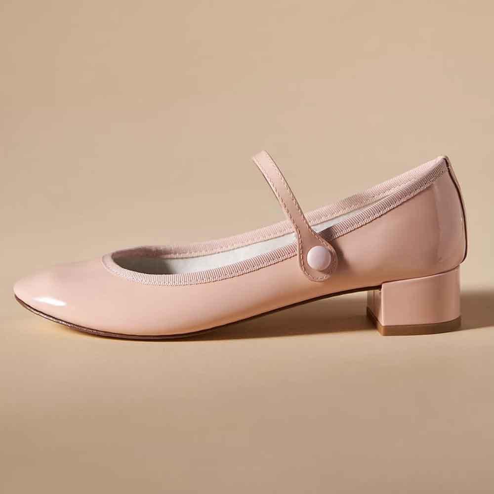 Light Pink Patent Leather Round Toe Chunky Heel Mary Jane Pumps Nicepairs