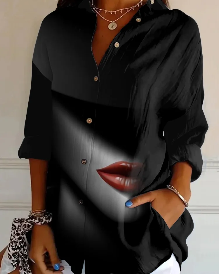 Sexy Red Lips Girl Long Sleeve Shirts