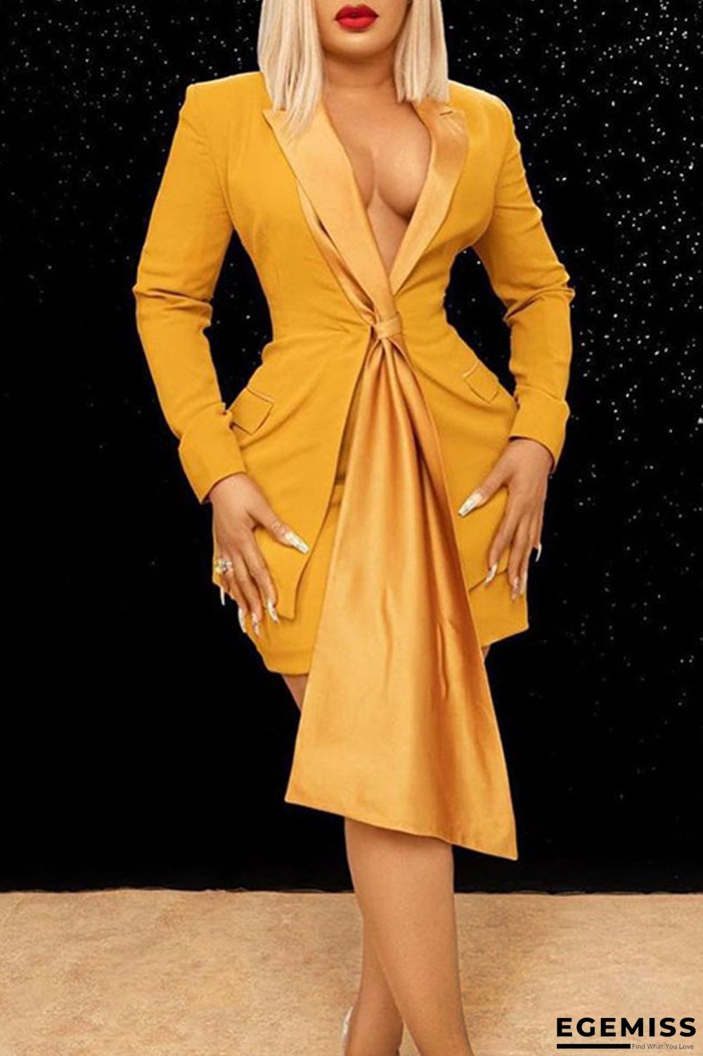 Yellow Sexy Solid Patchwork Turn-back Collar Long Sleeve Two Pieces | EGEMISS