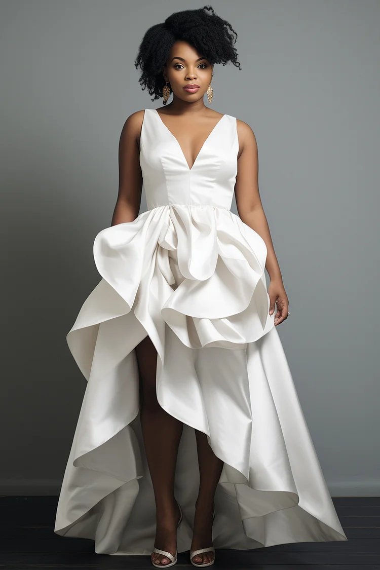 Xpluswear Design Plus Size Wedding White Elegant V Neck Asymmetric Hem Ruffle Satin Maxi Dresses [Pre-Order] 2024 - Xpluswear