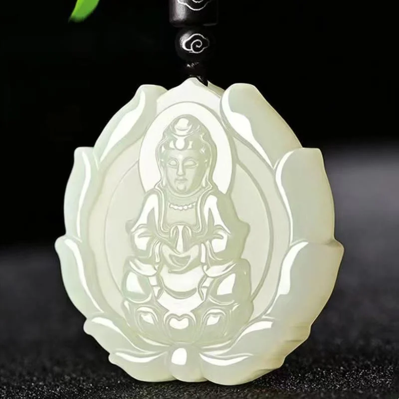 Kwan Yin Avalokitesvara Jade Lotus Abundance String Necklace Pendant