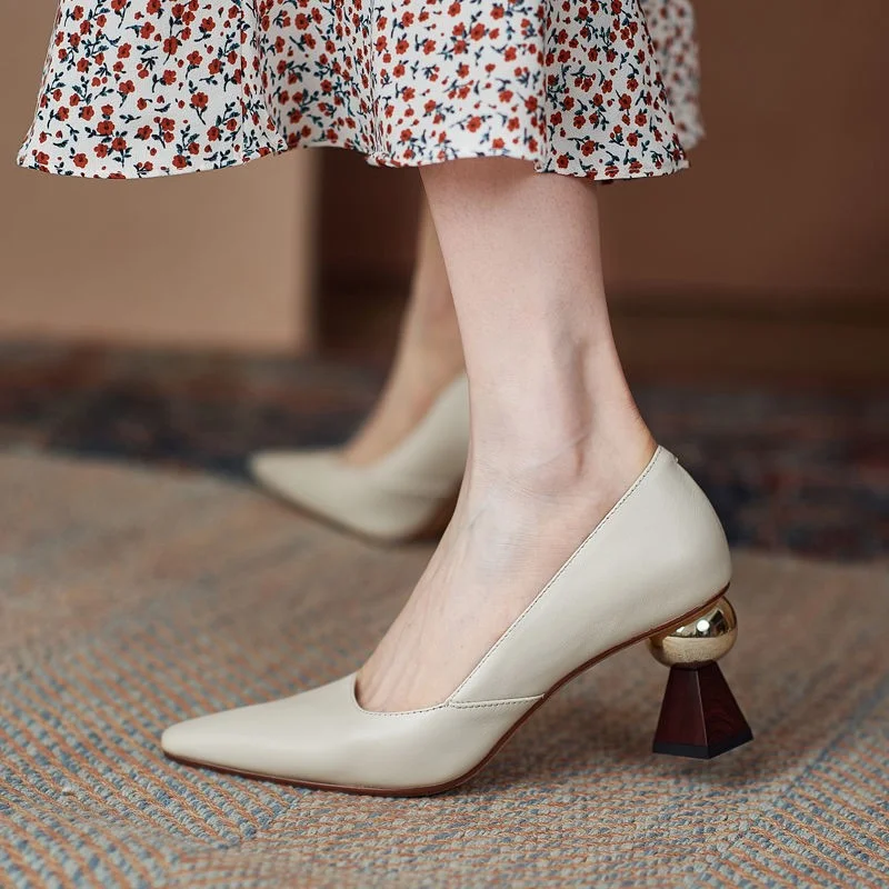 Handmade Beige Leather Women Pumps Sexy Pointed Toe Chic Stylish Office Lady Working Shoes 6cm Strange High Heels Stilettos