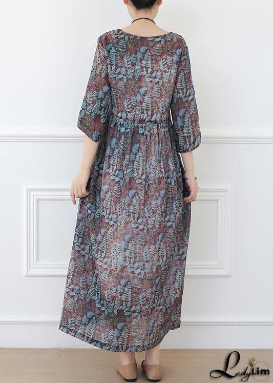 Casual Print Linen Dress V Neck Half Sleeve Spring Dress