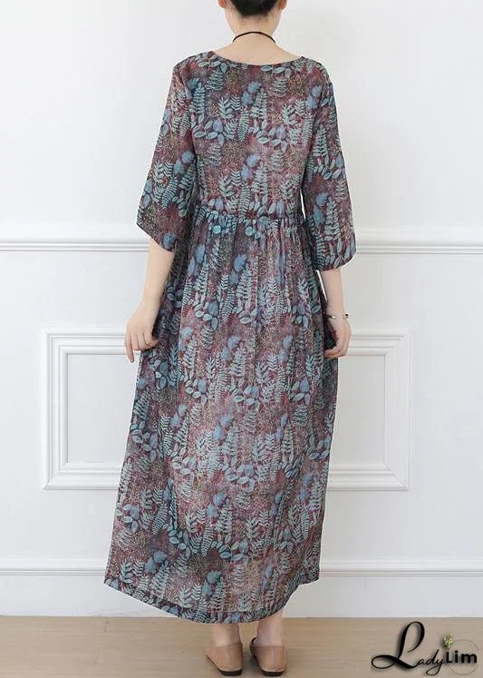 Casual Print Linen Dress V Neck Half Sleeve Spring Dress