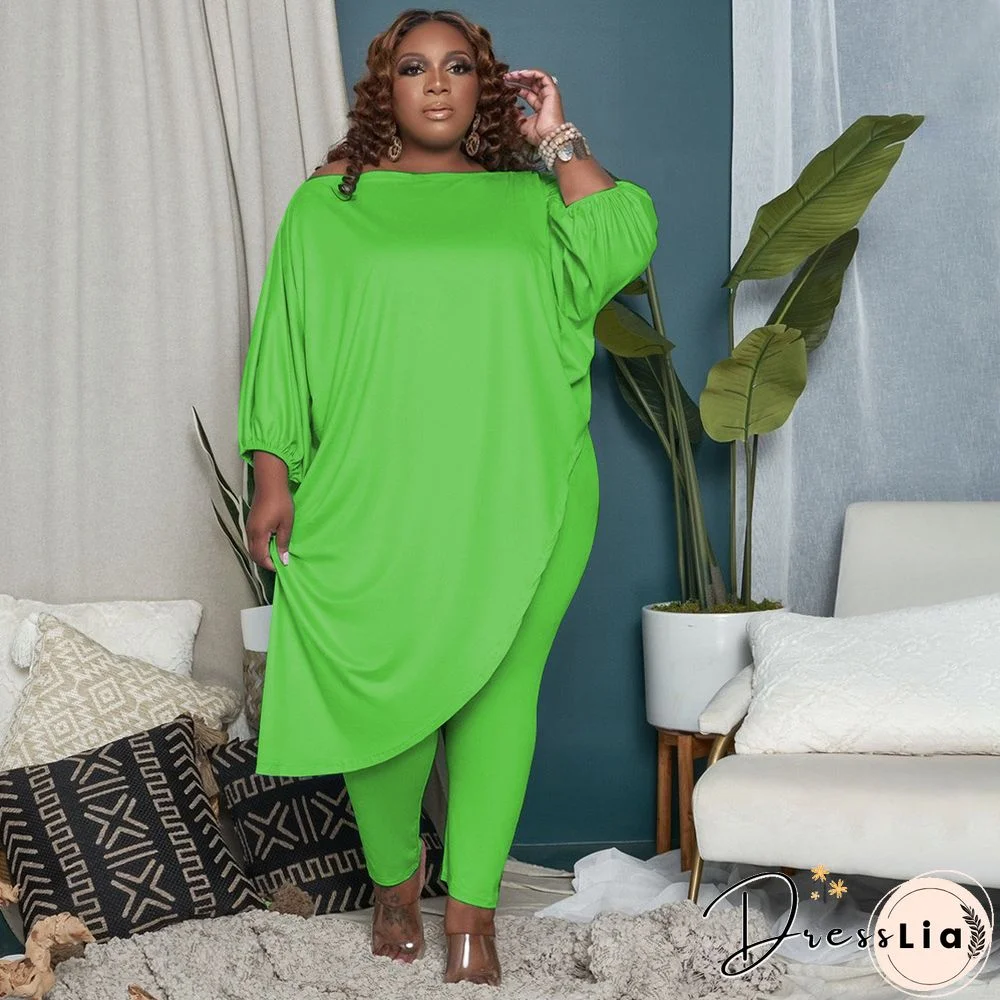 Plus Size Summer Clothes Solid Color Half Sleeve Slant Shoulder Loose Long T Shirt Top Pants 2 Piece Set