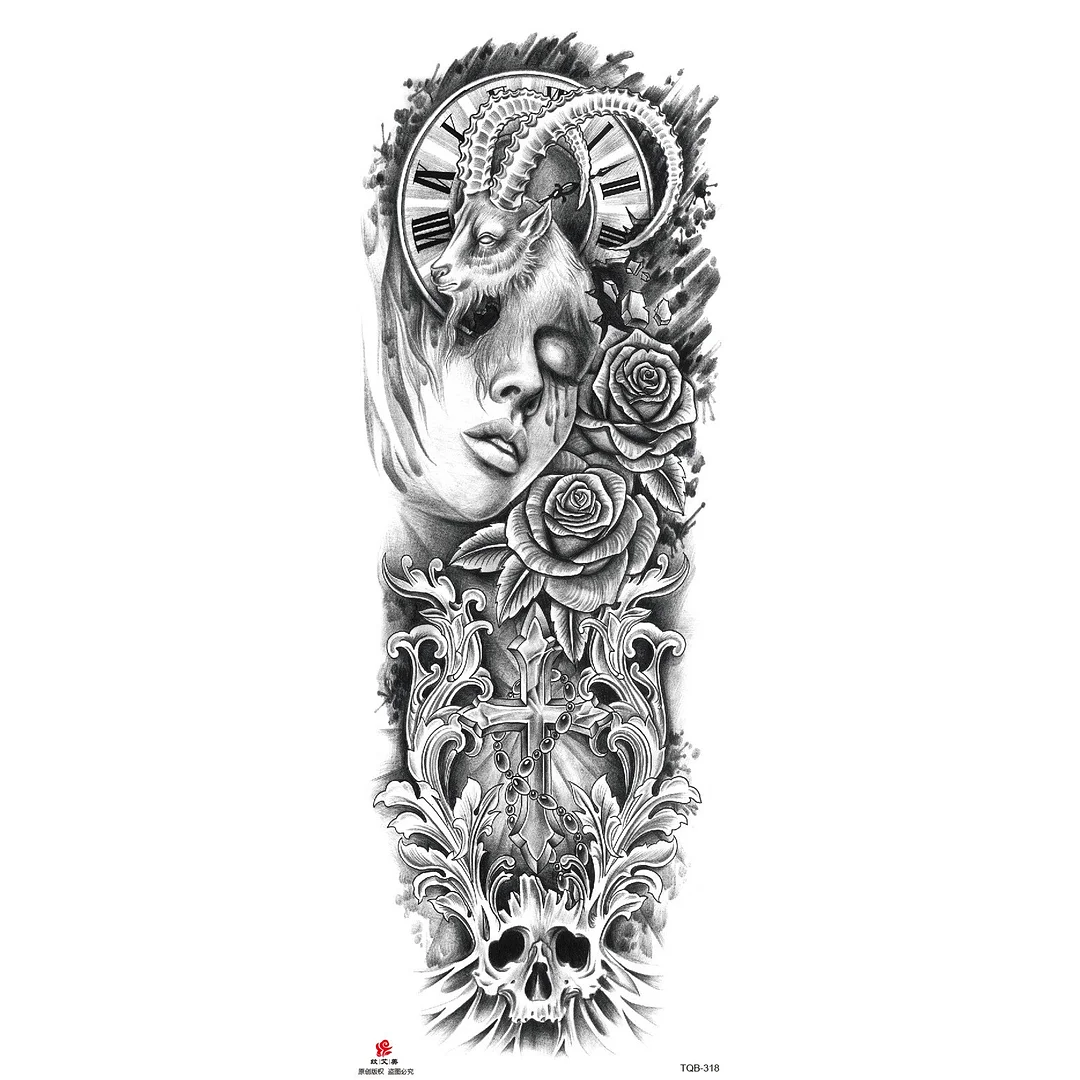 Sdrawing Arm Temporary Tattoo Wolf Lion Fish Horns Geometric Man Body Leg Rose Flower Phoenix Waterproof Sticker Cool Women Tatoo