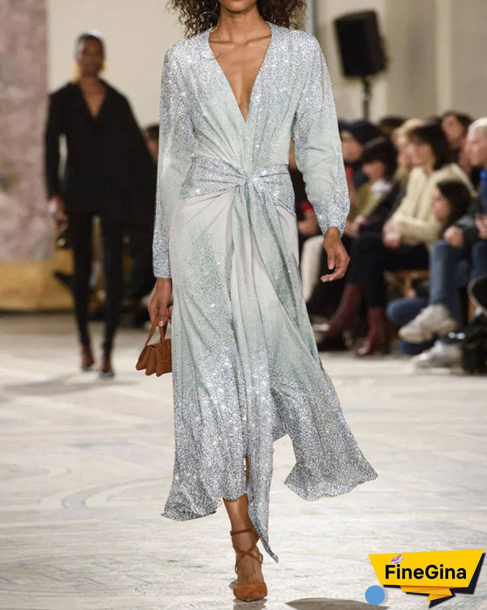 Silver Deep V Neck Asymmetric Dress