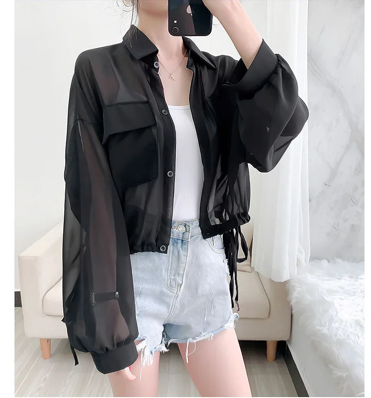 Casual Loose Solid Color See Through Chiffon Sun Protection Long Sleeve Jacket