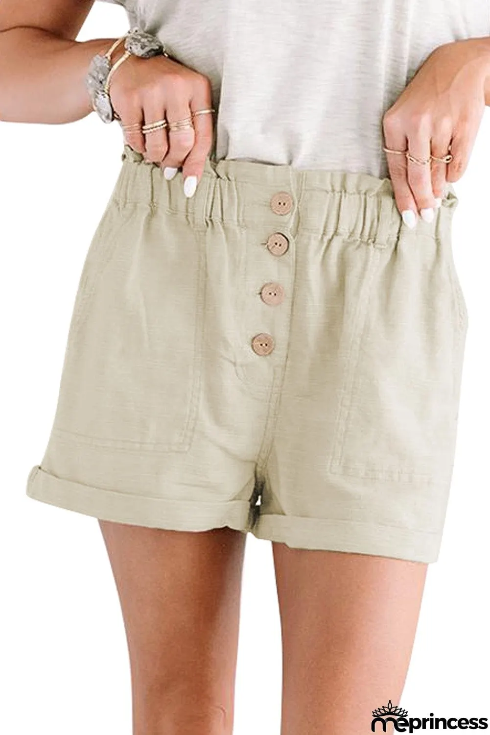 Khaki Cuffed High Waist Shorts