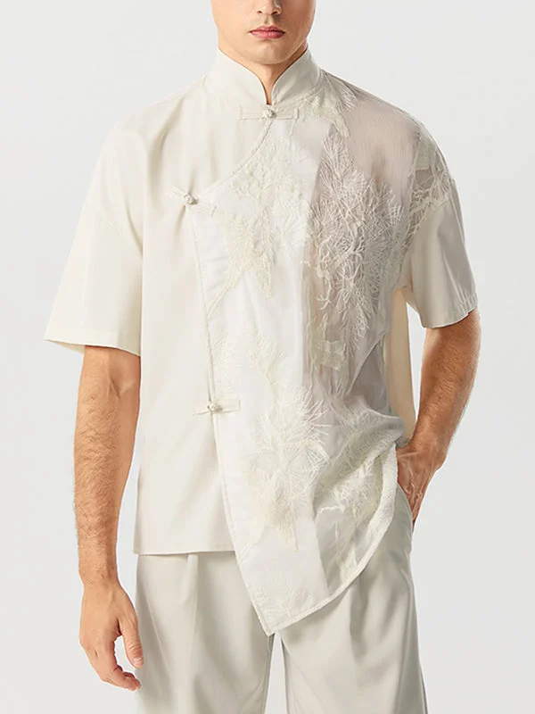 Aonga - Mens Chinese Style Embroidery Mesh Patchwork Shirt