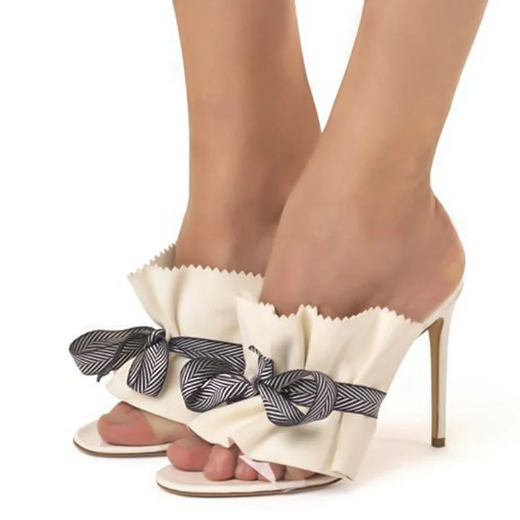 Ivory Peep Toe Sandal Mules Women's Stiletto Heels Folded Clear Shoes |FSJ Shoes