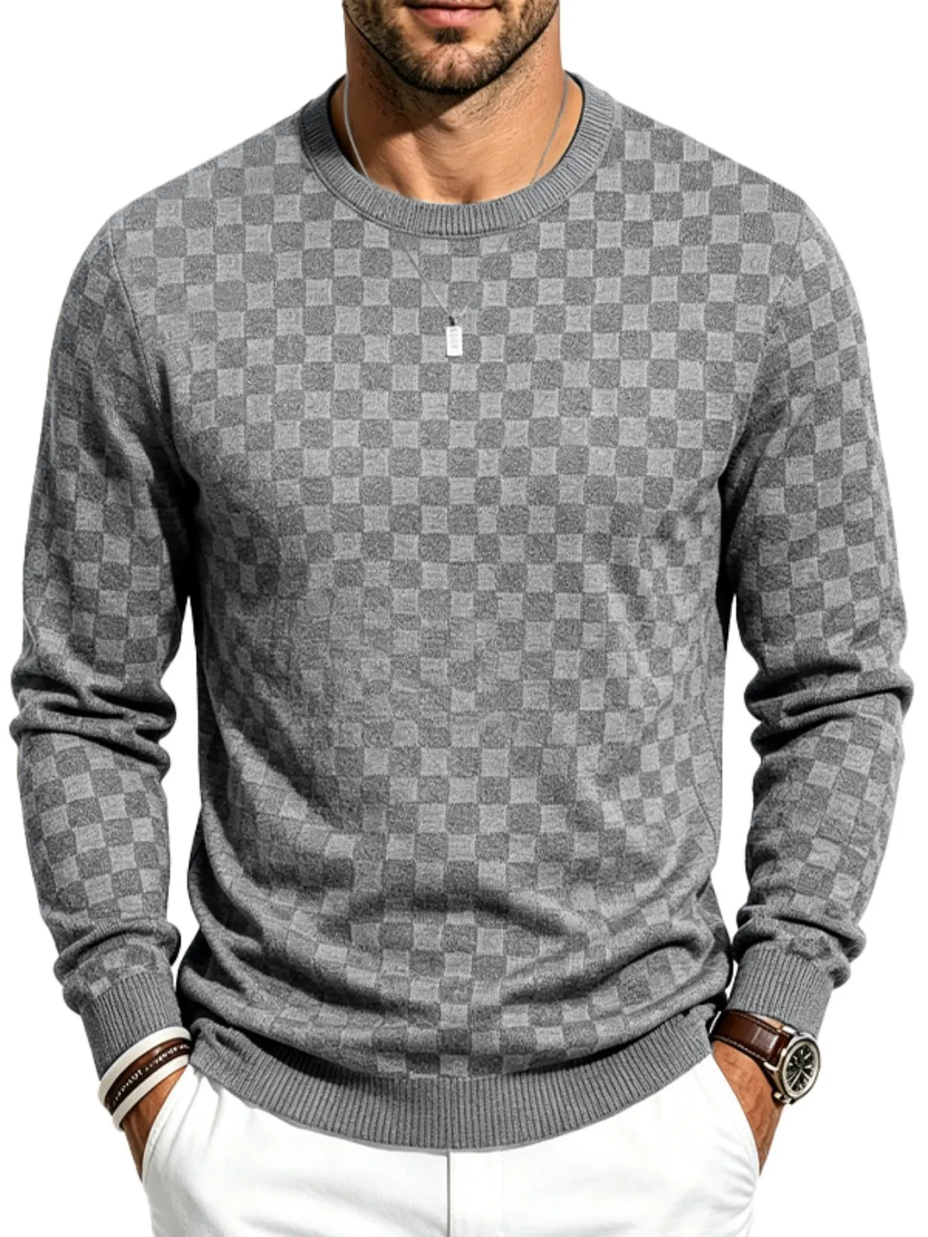 4-Pack Men's Plaid Knit Pullover, Textured Grid Pattern Long Sleeve, Soft Lightweight Casual Top, Minimalist Solid Color, Fall Winter Streetwear