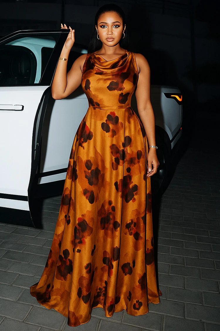 Floral Print Cowl Neck Sleeveless Party Maxi Dresses-Orange [Pre Order]