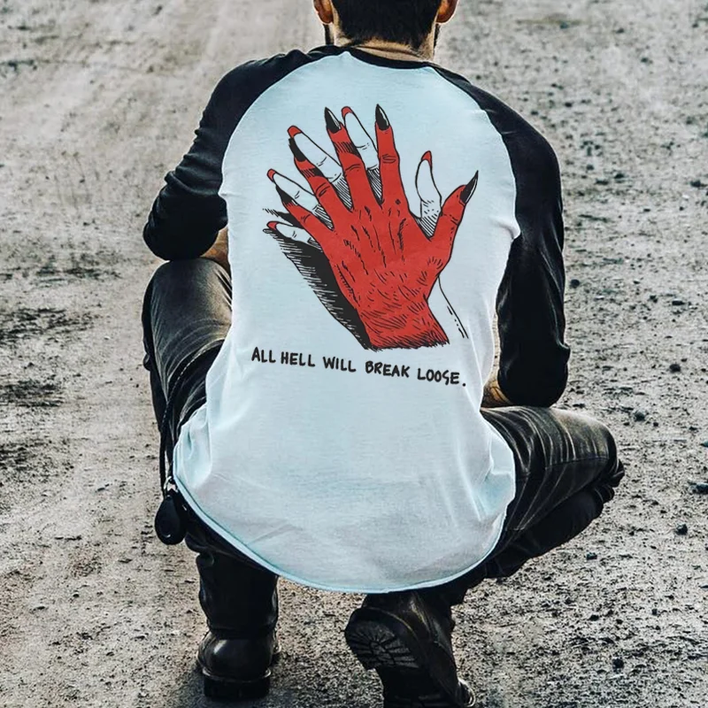 UPRANDY Color-stitching All Hell Will Break Loose Hands Printed T-shirt -  UPRANDY