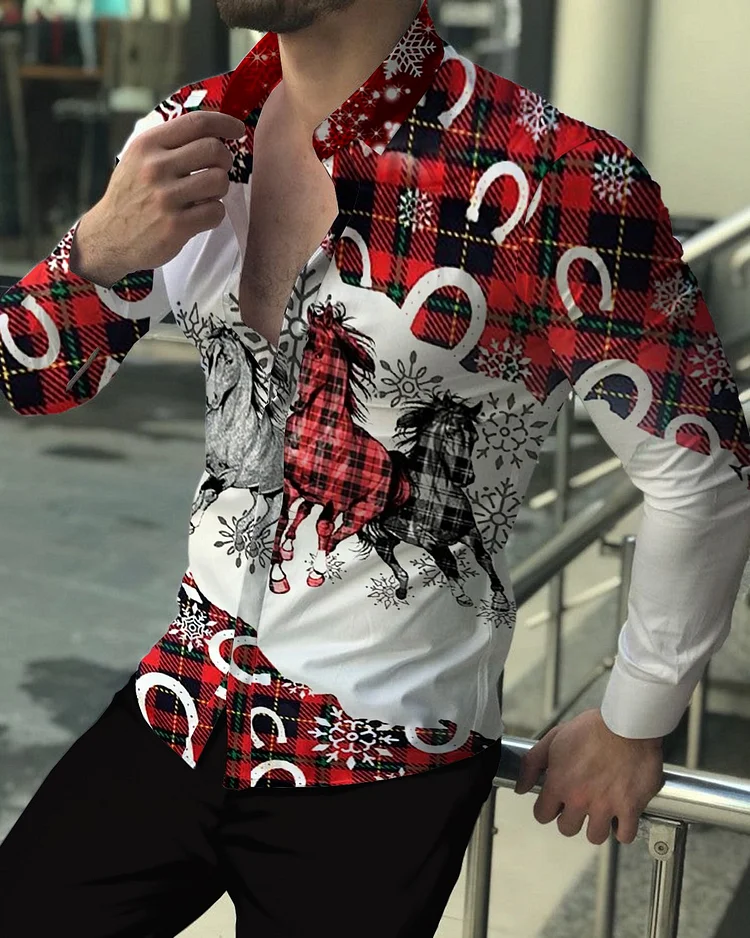 Men's Casual Printed Long Sleeve Lapel Shirt