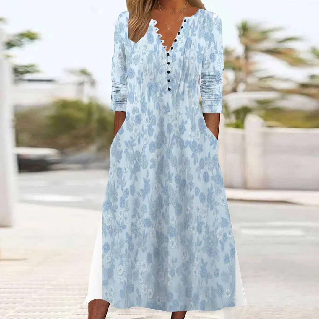 Women Floral,Blue DZHB8214 Long Sleeve V-Neck Graphic Printed Midi Dress