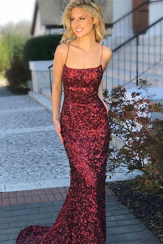 Bellasprom Burgundy Sequins Prom Dress Spaghetti-Straps Mermaid Bellasprom