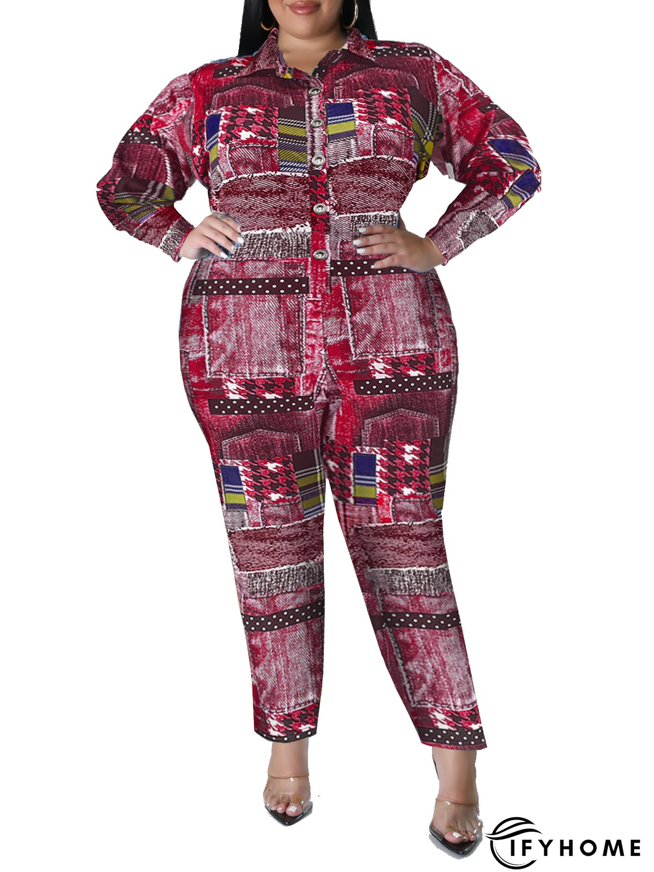 Plus Size Women's Fall Print Long Sleeve Jumpsuit | IFYHOME