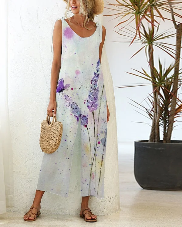 Casual Loose Lace-up Straight-leg Printed Jumpsuit