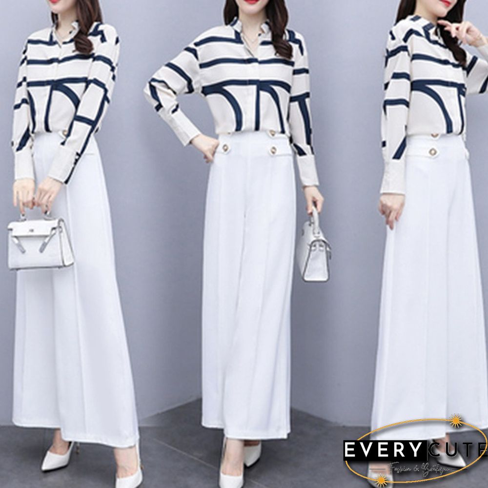Autumn Fashion Office Two Piece Set Outfits Women Striped Chiffon Shirt Wide Leg Pants