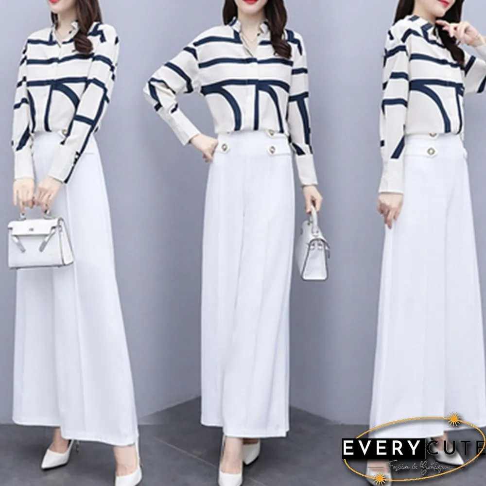 Autumn Fashion Office Two Piece Set Outfits Women Striped Chiffon Shirt Wide Leg Pants