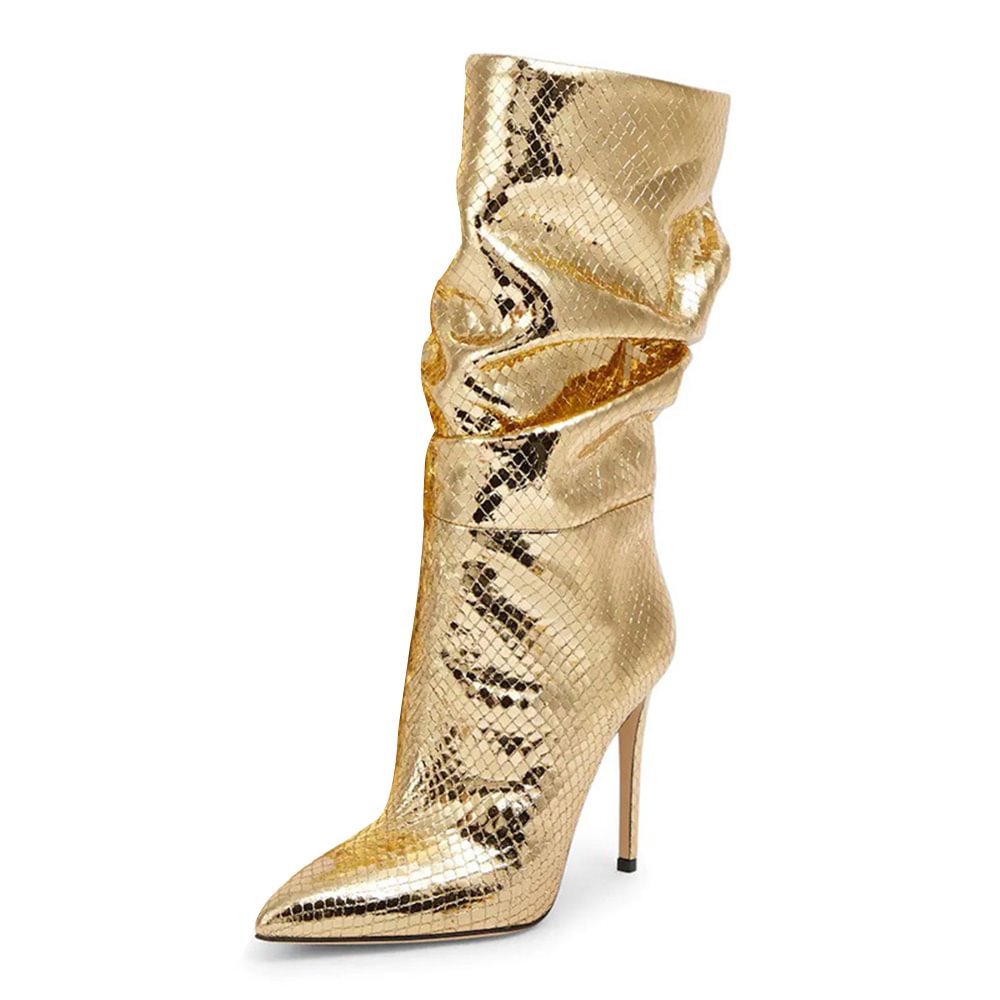 Gold Patent Leather Booties Pointed Toe Stiletto Boots