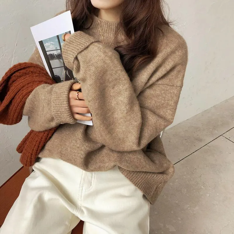 Churchf Churchf Women's Autumn Winter New Style With Lazy Wind Pure Color Sweater Loose Round Collar Thick Mixed Color Top Female