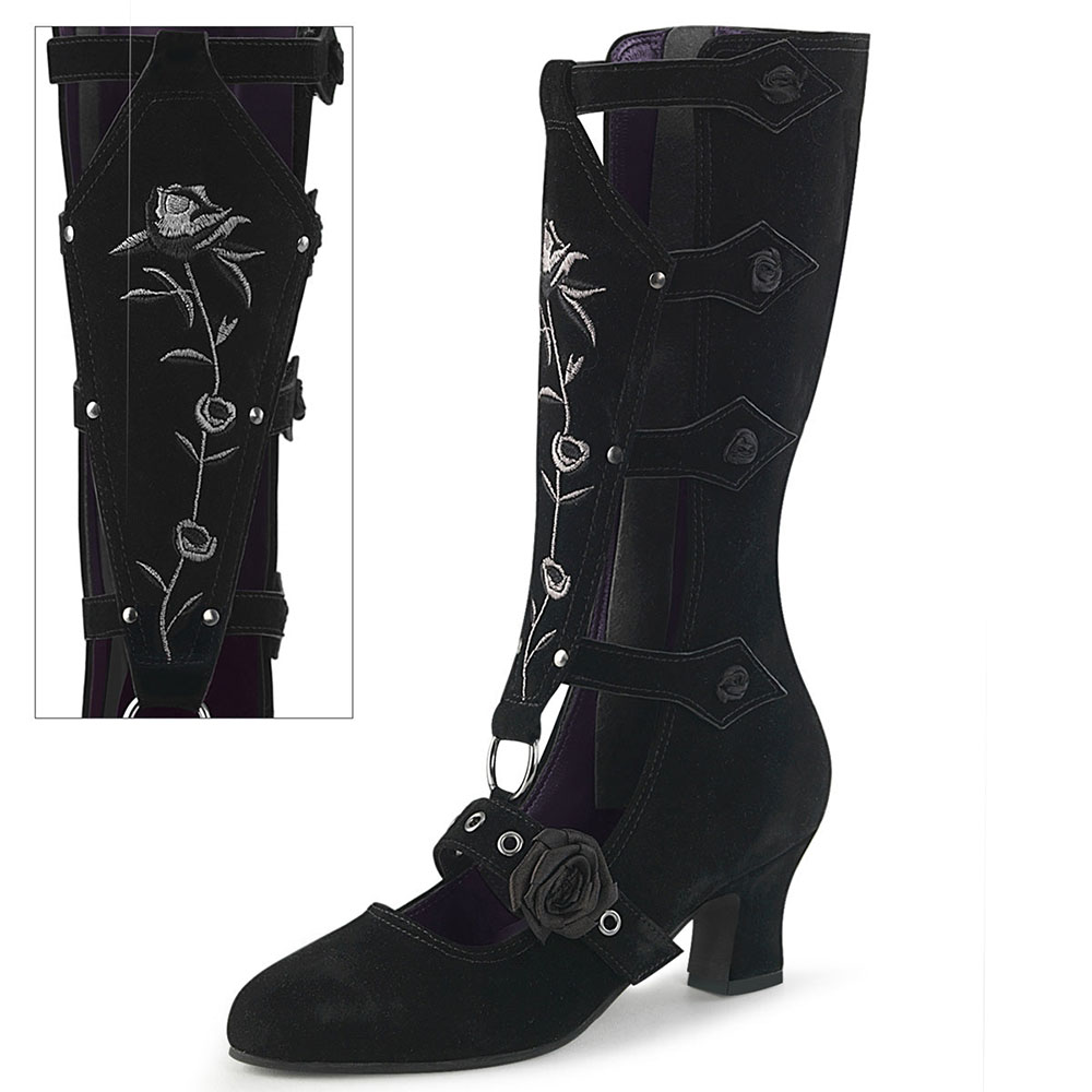 Black Faux Suede Round Toe Chunky Heel Rose Side-Zipper Mid-Calf Boots Nicepairs