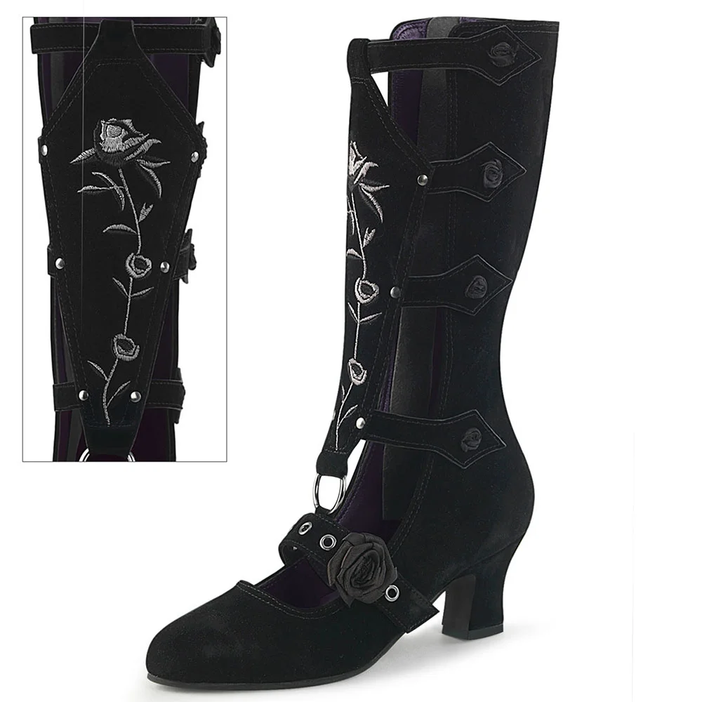 Black Faux Suede Rose Embroidered Side-Zipper Mid-Calf Boots    Nicepairs