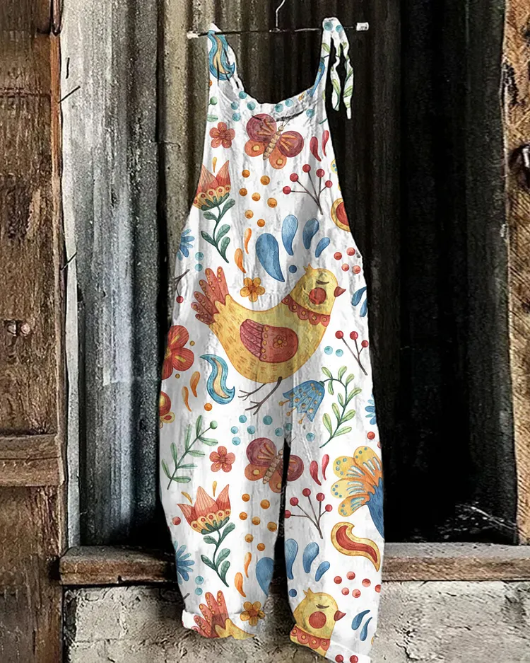 Japanese Art Huge Farm And Animal Print Loose Casual Jumpsuit