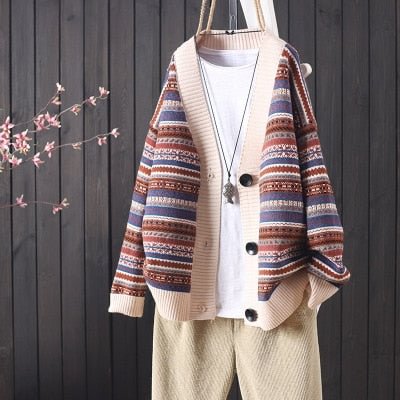 Retro knitted cardigan jacket women's autumn winter new loose ethnic jacquard sweater outside the tide