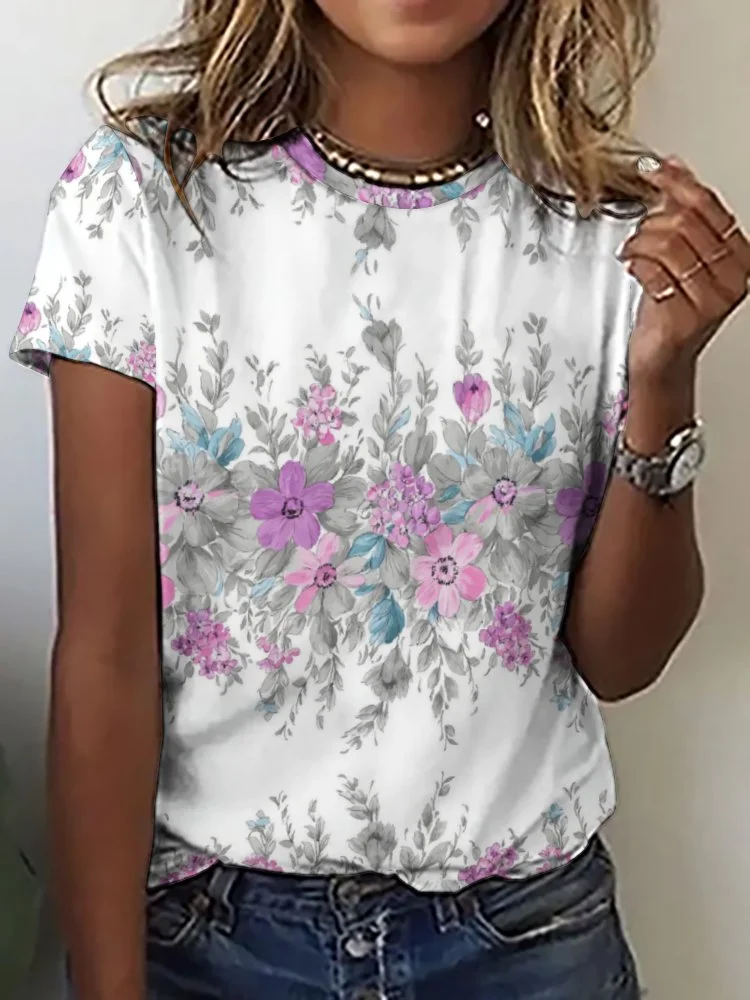 Printed Short Sleeve Casual T-shirt for  Women and Men Unisex Pattern Floral, Purple, Green