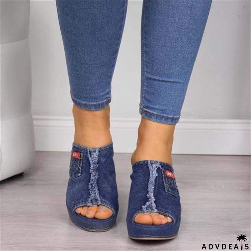 Women's Casual Peep Toe Denim Wedges Sandals