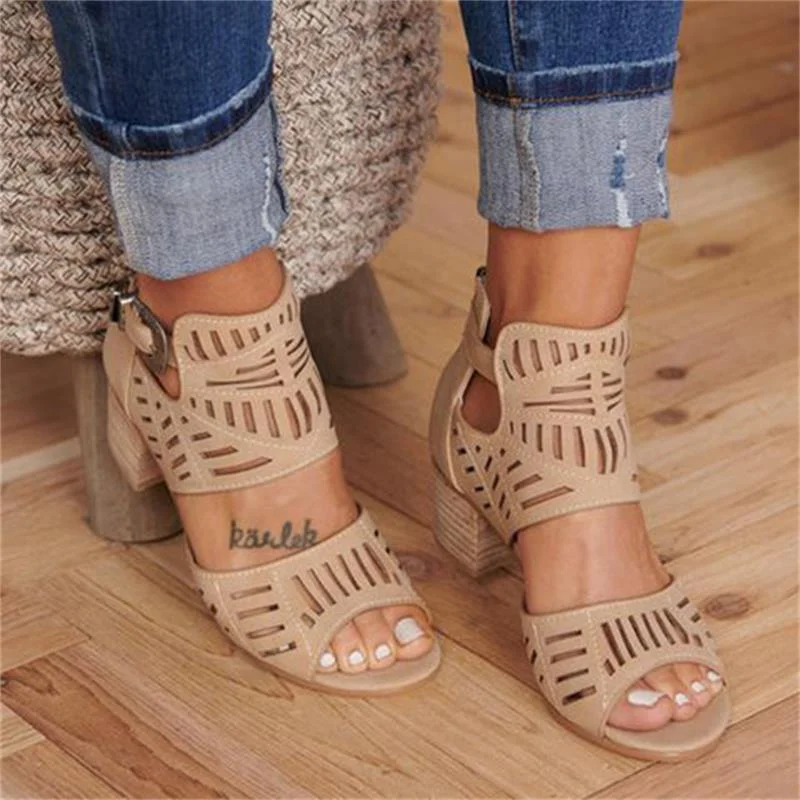 Vintage Hollow Out Sandals Mid Heel Summer Ladies Shoes Artificial Open Toe Casual Wedding Pumps Women Sandalias Casual Shoes