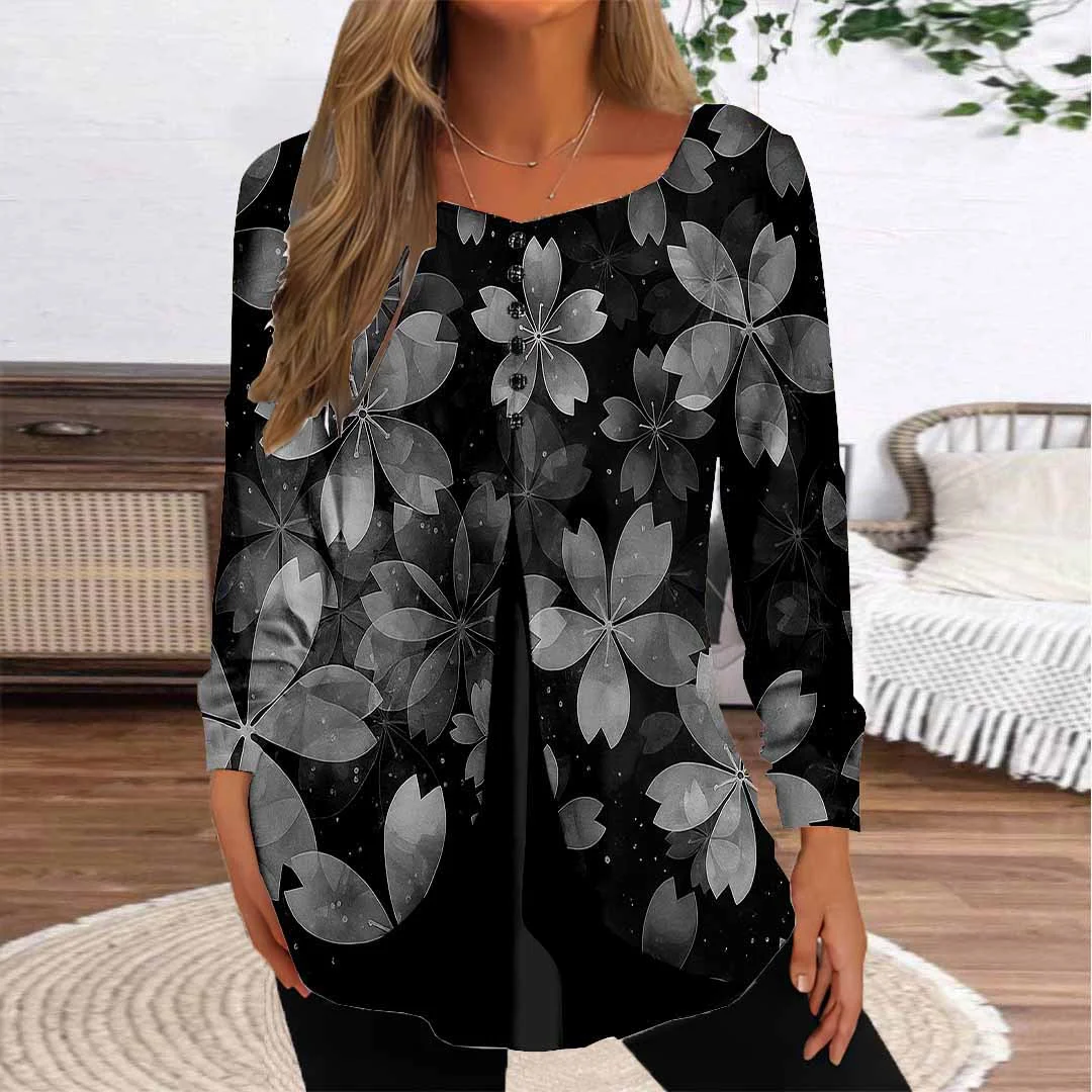 Women Floral,Black DZGG8196 Long Sleeve Scoop Neck Printed Graphic Button Fake 2in1 Tops