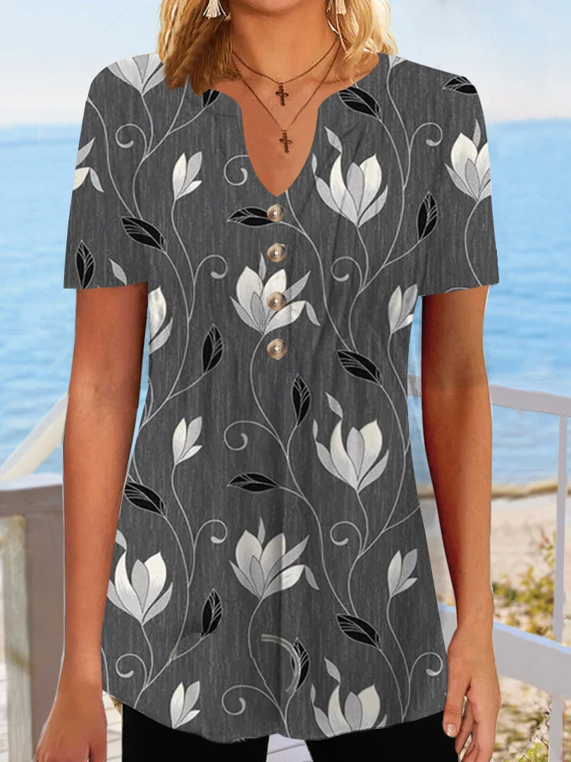 Women Short Sleeve V-neck Floral Printed Buttons Tops